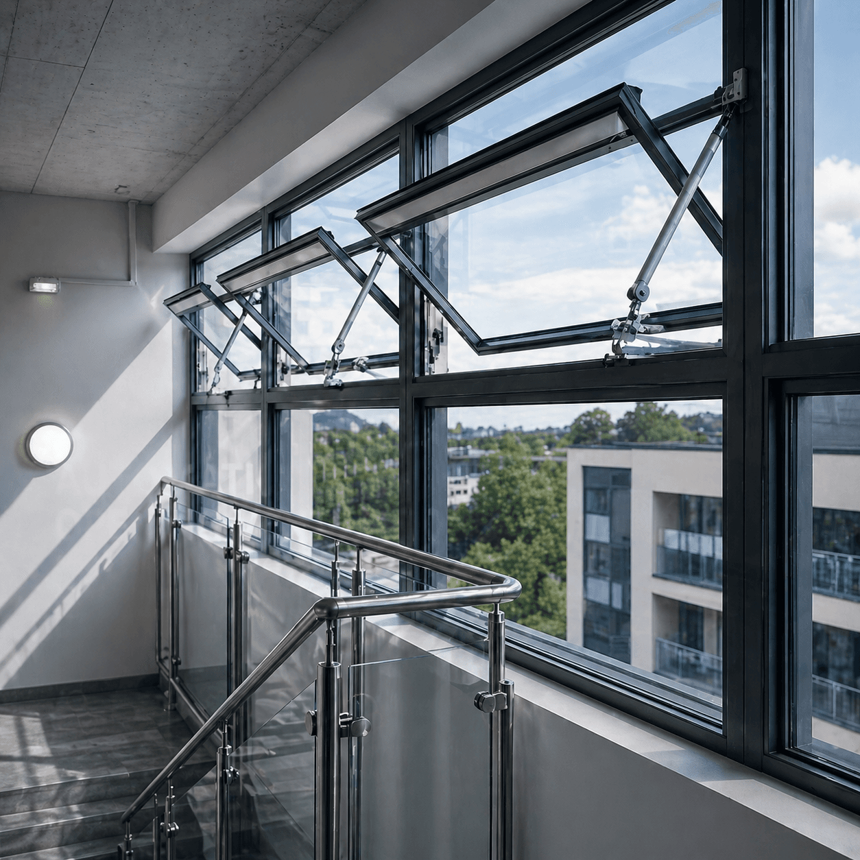 Automatic opening ventilation windows controlling smoke movement in a stairwell