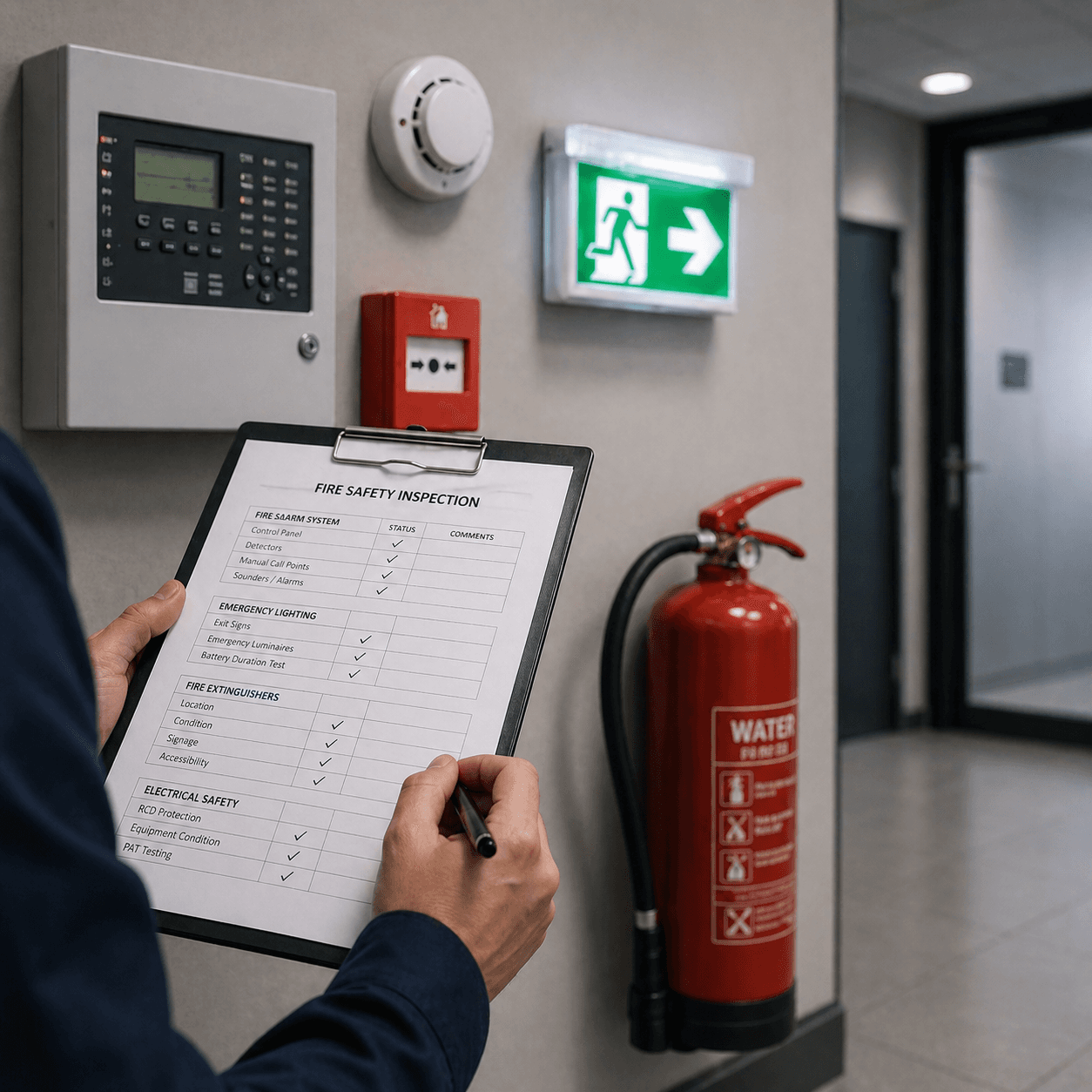Fire safety inspection checklist with fire alarm emergency lighting and extinguisher equipment