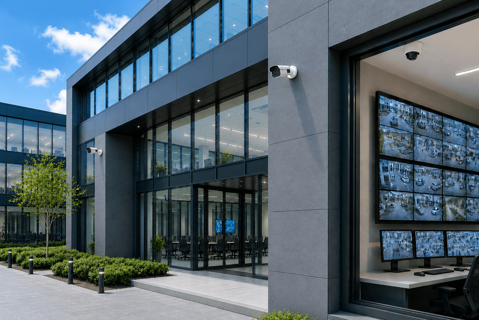External CCTV camera monitoring a commercial site