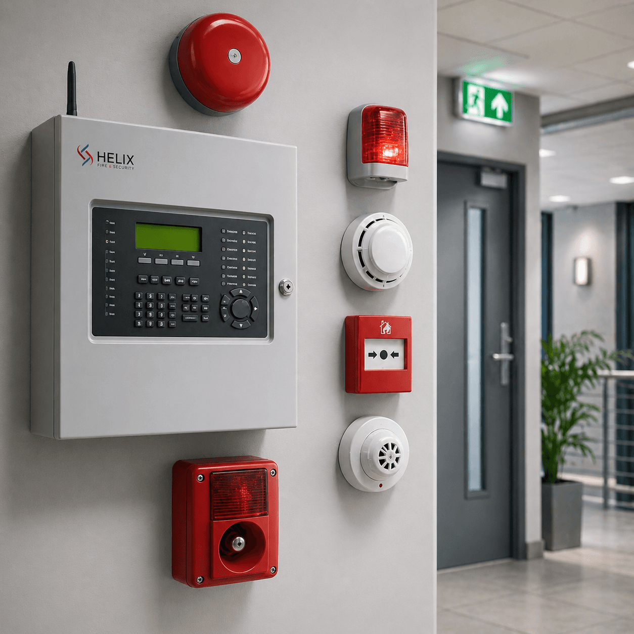 Helix fire alarm panel with alarm sounder, beacon, smoke detector and manual call point