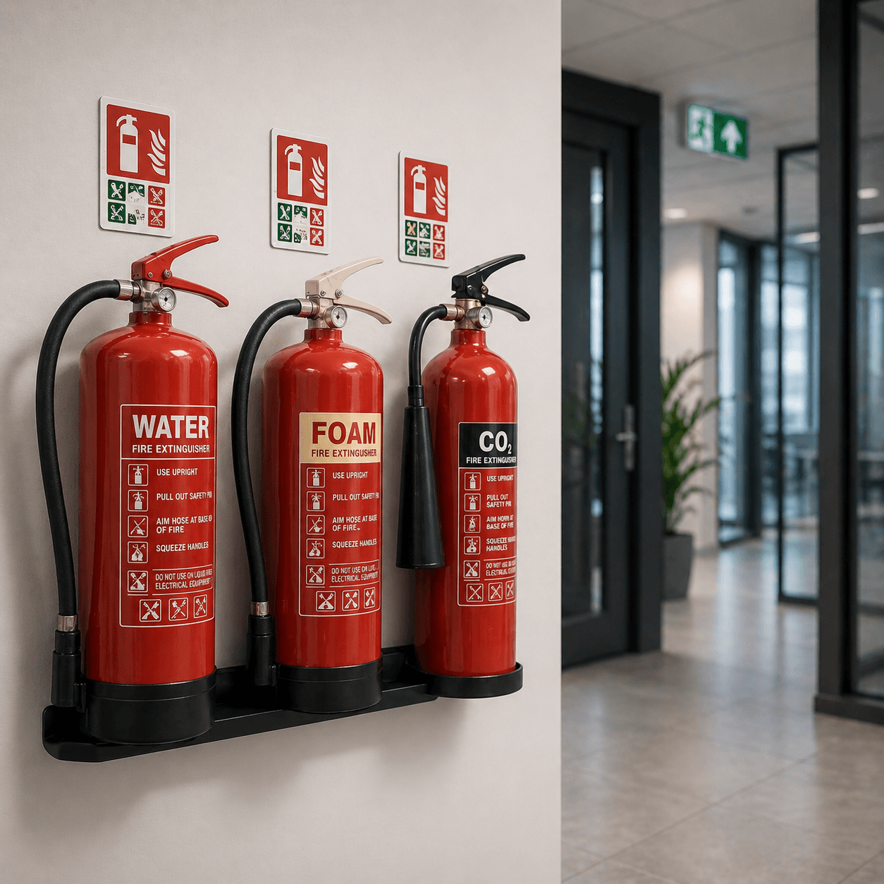 Wall mounted water foam and CO2 fire extinguishers with safety signage in a commercial building