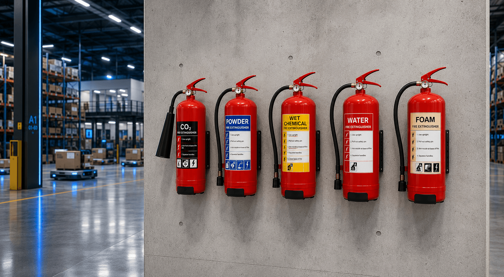 Wall mounted water foam and CO2 fire extinguishers with safety signage in a commercial building