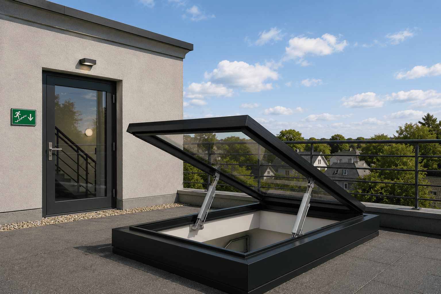 Automatic opening ventilation windows controlling smoke movement in a stairwell