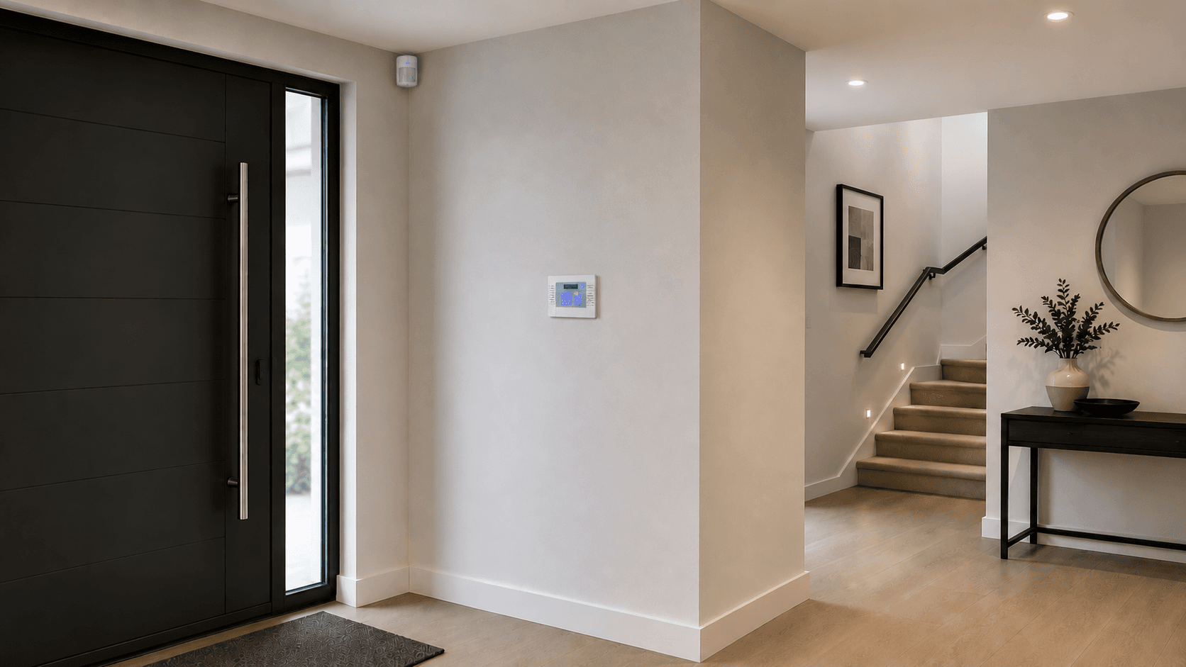 Internal intruder alarm keypad and PIR sensor in a commercial building