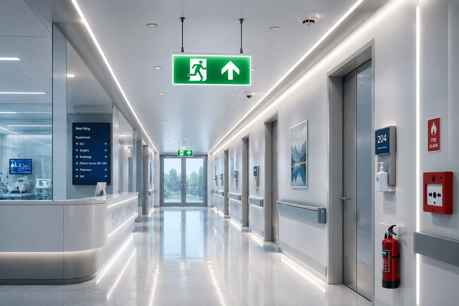 Emergency escape lighting in a hospital corridor