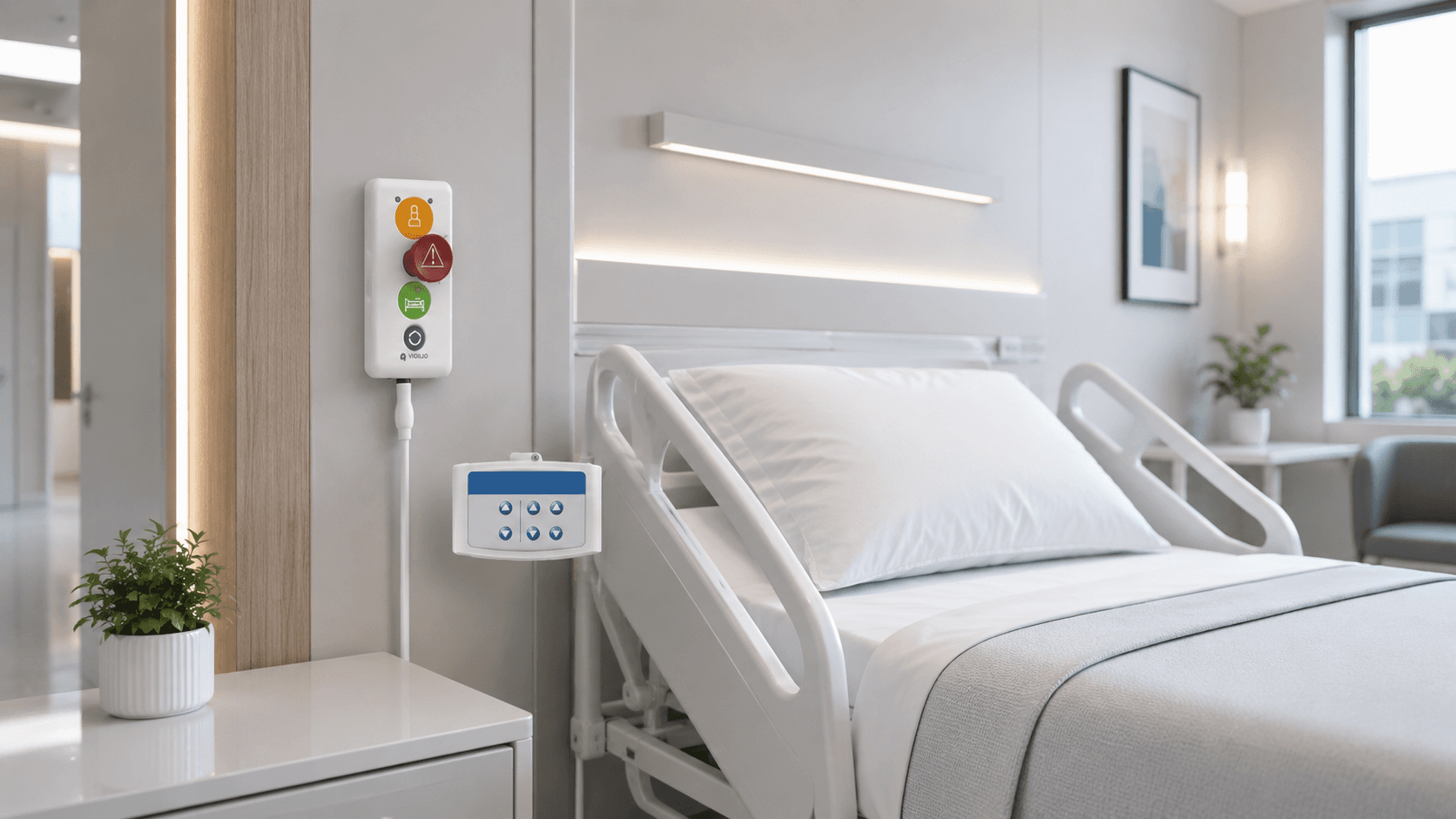 Nurse call point beside a hospital bed