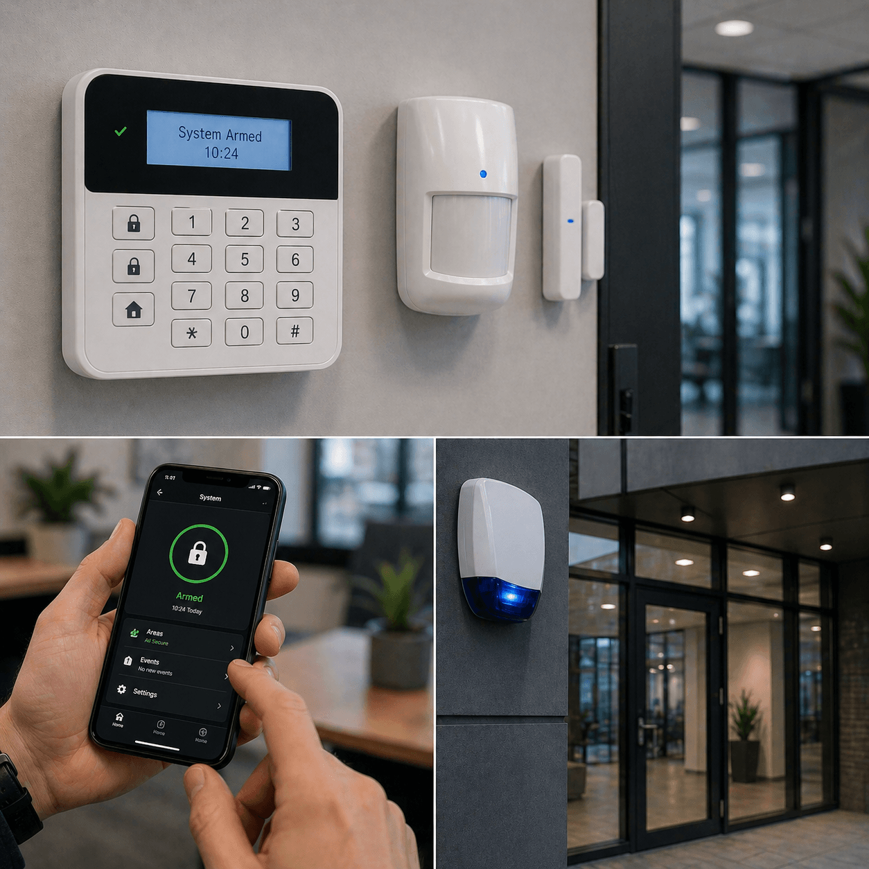 Intruder alarm keypad motion detector and mobile app showing an armed system